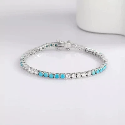 14K White Gold Plated 8ct Round Simulated Turquoise Diamond Tennis Bracelet 7.5" - Image 1 of 4