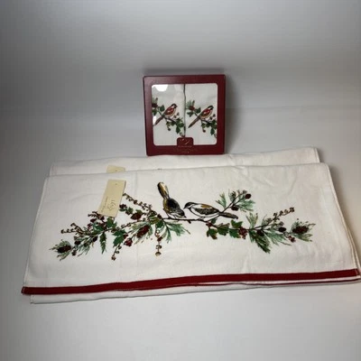 Nuevo RARO 2 toallas de baño y punta de dedo Lenox Winter Song aves de Navidad ramas de pino Foto 1 de 4