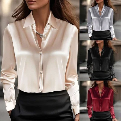 Womens Satin Silk Solid Shirt Ladies Elegant Baggy Button-Up OL Work Blouse Tops - Image 1 of 4