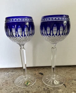 PAIR of Waterford Crystal Clarendon 8” Cobalt Blue HOCK Wine Glasses UNUSED - Picture 1 of 18