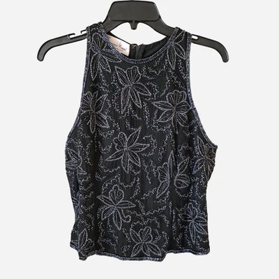 Блузка без рукавов Laurence Kazar черная шелковая с цветочным узором с бисером размер L - Изображение 1 из 4