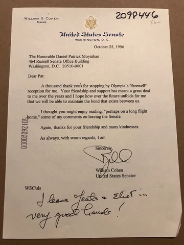 Senator William S. Cohen Typed Letter Signed - To NY Senator Daniel P. Moynihan Cover