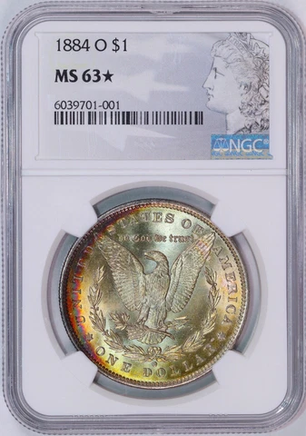 1884-O Morgan Silver Dollar | NGC MS63 STAR | Rainbow Reverse Toned Cover