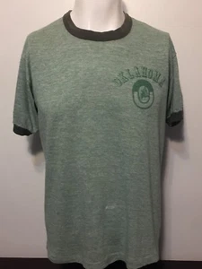 Vintage 1970s Oklahoma University Green Heather Ringer T-Shirt Large Tri Blend - Picture 1 of 11