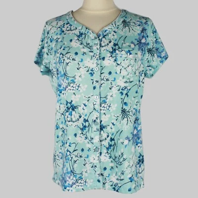 💖Karen Neuburger Encore Pajama Top Shirt Knit Blue Floral Short Sleeve Pocket S - Image 1 of 4