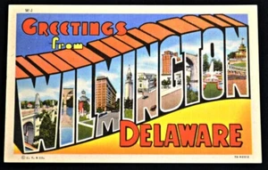 Greetings from Wilmington Delaware DE Bubble Letter Postcard PC Unused 1940s - Imagen 1 de 1