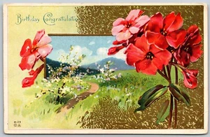 Postcard Birthday Congratulations Red Flowers Gilt Background - Picture 1 of 2