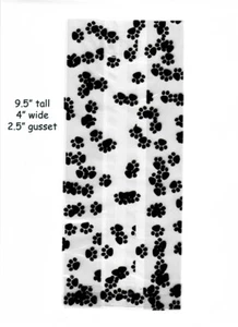 25 Paw Print Cello Treat Bags w/ Silver Twist Ties -- 4" x 9.5" x 2.5" gusset - Picture 1 of 3