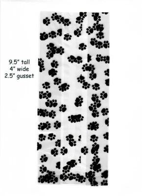 25 Paw Print Cello Treat Bags w/ Silver Twist Ties -- 4" x 9.5" x 2.5" gusset Foto 1 de 3