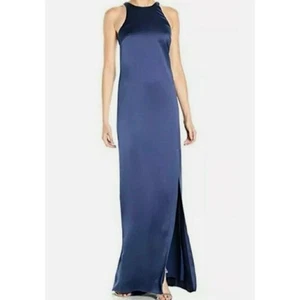 NWT Halston Heritage Long Dress Blue High Neck Strappy Back Formal gown Size L - Picture 1 of 13