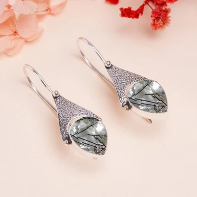 Black Rutilated Quartz 925 Sterling Silver Earring, Christmas Gift, E14548 - Image 1 of 4