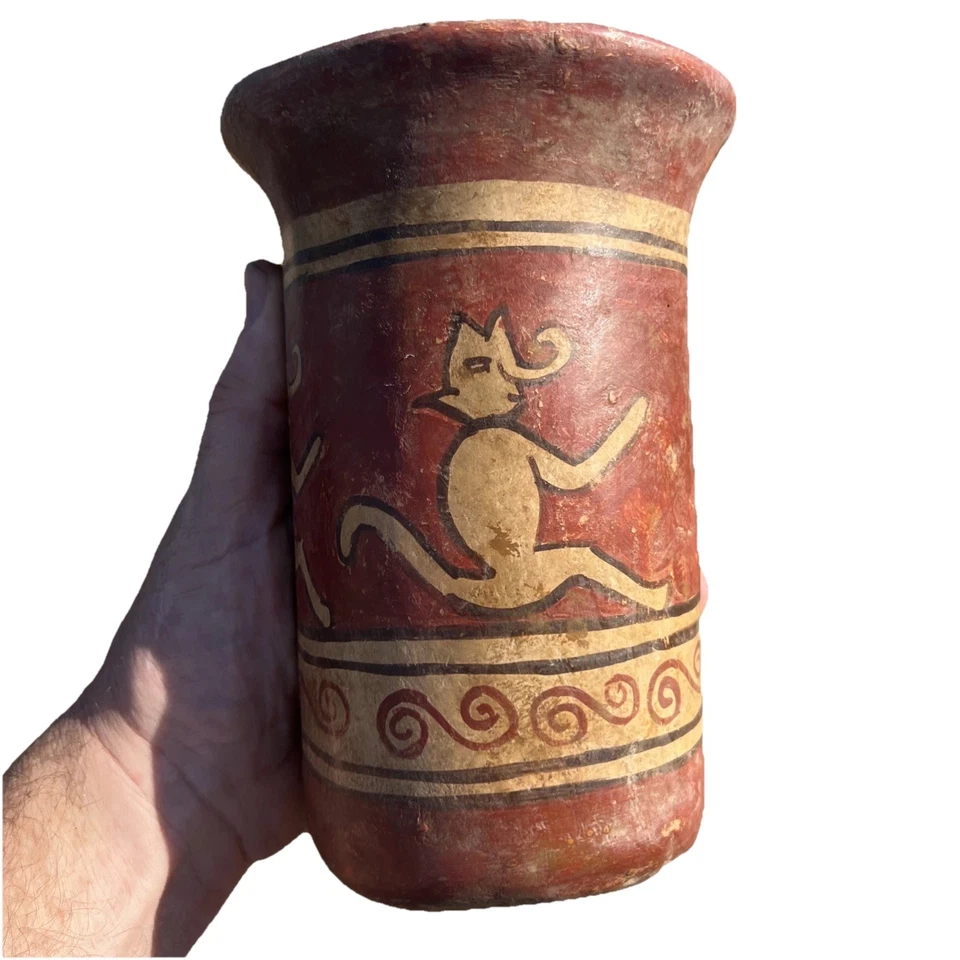 КРАСИВЫЙ ОРИГИНАЛЬНЫЙ ПОЛИХРОМНЫЙ СОСУД NAZCA — МИФИЧЕСКОЕ СУЩЕСТВО 6,7/8 дюйма в высоту Q601 - Изображение 1 из 4