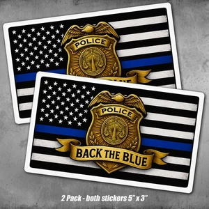 Thin Blue Line Flag Police Badge Stickers 2-Pack Back The Blue Decal 5x3 US Made - Picture 1 of 4