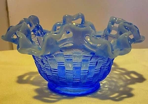 Vintage Fenton Blue Opalescent Glass Basket Weave Bowl Ruffle Edge - Picture 1 of 5