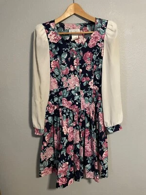 Vintage Juniors Dress Size 3 Floral Drop Waist Pleated Cottagecore Prairie 80s - Image 1 of 4