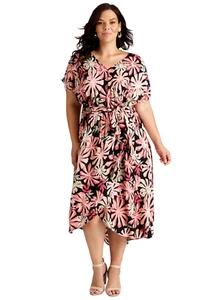 Autograph Dress Plus Size 22 Mock Wrap Midi Short Sleeve Side Tie Pink Floral - Picture 1 of 3