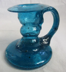 AQUA BLUE GLASS HAND BLOWN CANDLE STICK HOLDER WITH HANDLE. ROUNDED TOP - Picture 1 of 3