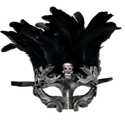 Skull Red Crystal Eyes Black or Silver Feather Masquerade Prom Mask - Image 1 of 4