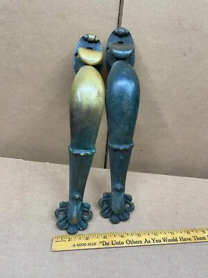 Pair Antique Bronze Brass Thumb Latch Door Pull Handles Ornate Victorian 12" - Image 1 of 4