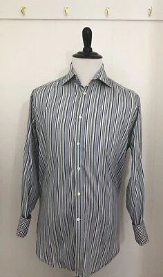 Thomas Dean TD Blue Yellow White Striped Mens Dress Shirt Size Large 100% Cotton - Image 1 of 4