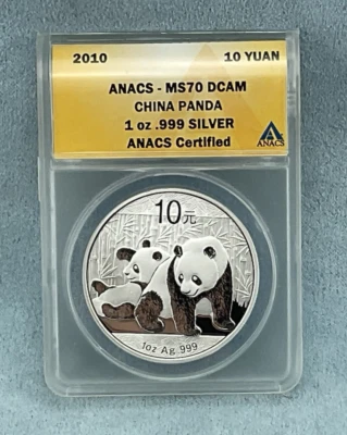 2010 China 10 YUAN Panda .999 Silver coin 1oz, MS 70 DCAM ANACS Certified - Image 1 of 4