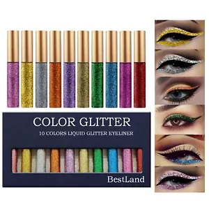 10 Colors Liquid Glitter Eyeliner Metallic Shimmer Eyeshadow Pigment Waterproof - Picture 1 of 7