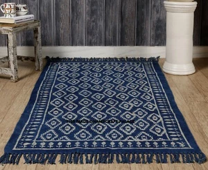 Blue Indigo Cotton Block Print Accent Area Dhurrie Rug Woven Weave Indian Carpet - Picture 1 of 3