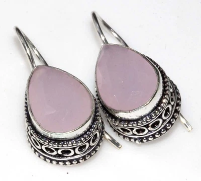 Vintage Pink Chalcedony 925 Silver Plated Gemstone Earrings 1.3" GW - Image 1 of 3