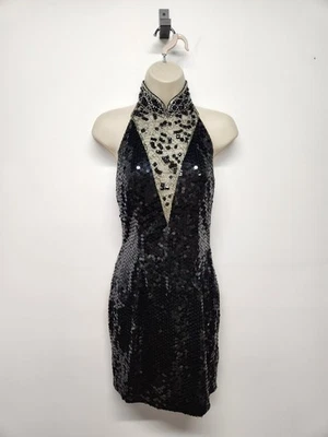 复古 Niteeline By Della Roufodali 小号黑色亮片吊带连衣裙,尺寸 4 — 第 1/4 张图片