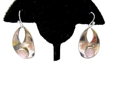 STERLING SILVER SIGNED DANGLE EARRINGS TRIBAL GYPSY PINK WHITE SHELL VINTAGE MF - Image 1 of 3