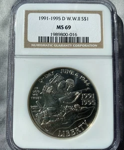 1991-1995-D D-Day WWII World War 2 Silver Commemorative Dollar MS69 NGC - Picture 1 of 4