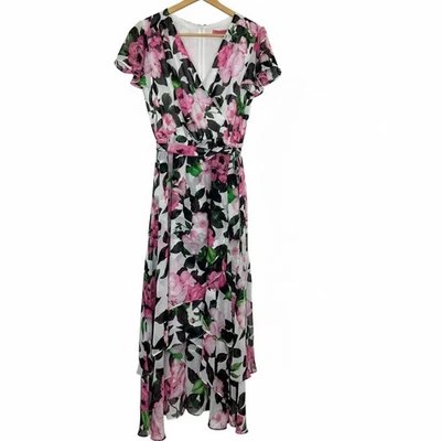 Betsey Johnson Dress Floral Wrap Midi Ruffle Layered High Low Boho Chic SZ 10 - Image 1 of 4