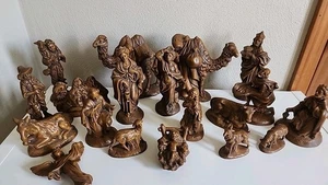 Vintage Atlantic Mold Nativity Set 19 Piece Brown Ceramic USA 1970 Signed Large - Picture 1 of 21