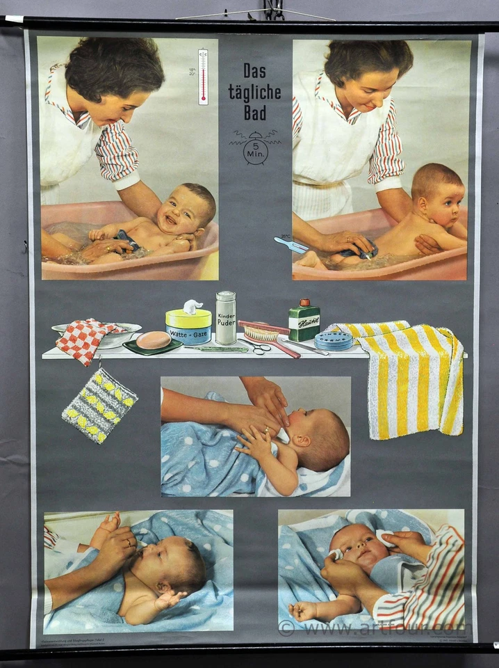 Póster vintage de pared desplegable cuidado infantil bebé sobre el baño diario años 70 Foto 1 de 1