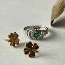 Sterling Silver Irish Claddagh ring and set of 10k gold four leaf clover studs