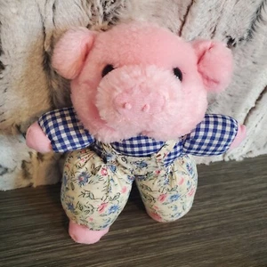 Pink Pig 8" Plush Wearing Floral Overalls Blue Gingham Shirt Country Farm Toy - Imagen 1 de 7