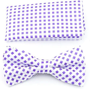 Pre-Tied Purple and White Bowtie and Pocket Square Set - Checkered Tuxedo Set - Picture 1 of 6