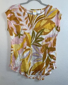 C&C California 100% Linen Cap Sleeve Top Small Floral Brown Yellow Pink - Picture 1 of 7
