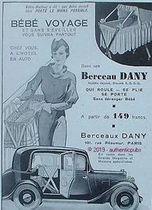 PUBLICITE BERCEAU DANY POUR LE VOYAGE EN AUTO POUR BEBE DE 1934 FRENCH AD PUB - Imagen 1 de 1