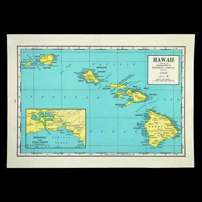 Mapa do Havaí Mapa das Ilhas Havaianas Arte de Parede Original Antigo Honolulu - Imagem 1 de 4