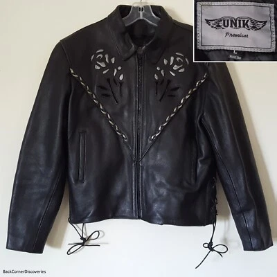 Unik Premium Silver Rose Cutouts on Black Women's L Zip-Up Lined Leather Jacket - Image 1 of 4