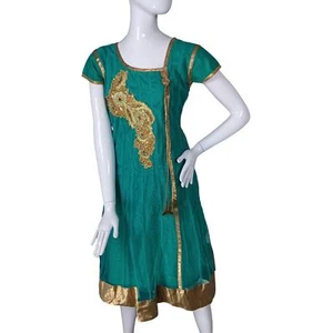Indian Kurta Turquoise Churidar Sheer Teal and Bronze Dress One Piece Only - Picture 1 of 12