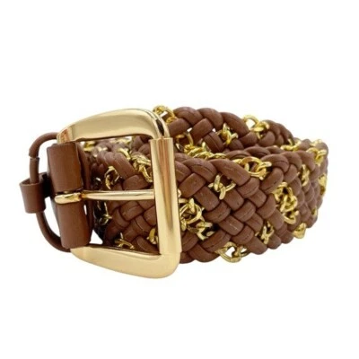 Vintage Gold Tone Chain Woven Leather Belt Women's Size XL Boho Glam Western - Image 1 of 4