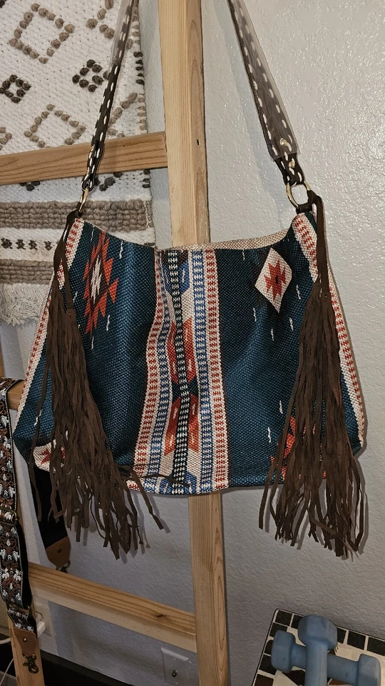 Canvas Shoulder Purse Dk Teal, Orange, Beige Brown Tassels Boho Western Large - Image 1 of 1