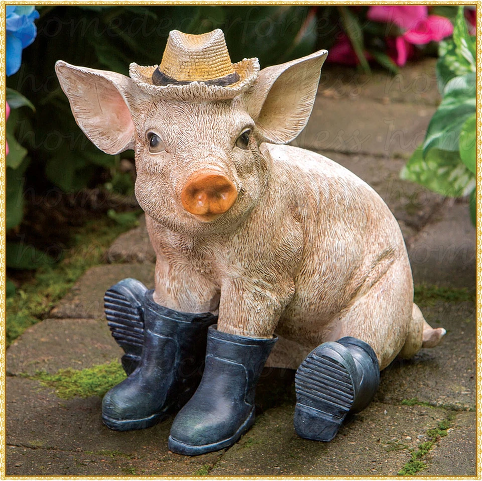 Cerdo lechón en botas y sombrero jardín estatua escultura exterior granja granero patio decoración Foto 1 de 4
