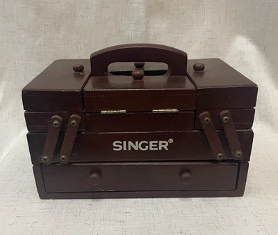 "Acordeón de madera Singer organizador de costura expandible caja almacenamiento vintage 8"" sin pies" Foto 1 de 4