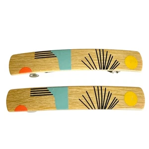 Stay Tight Barrette Set of 2 Colorful Beige Wood Acrylic 3.5" Long Hair Pop Art - Picture 1 of 11