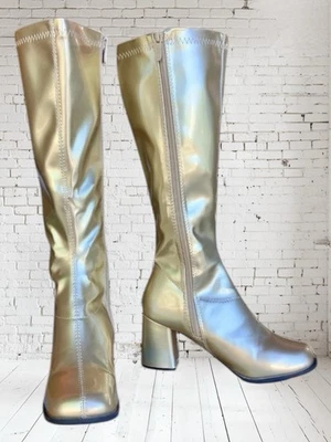 Botas GoGo Doradas Brillantes Cremallera Hasta la Rodilla 3” Tacón Años 70 Hippie Disco Disfraz Juegos con disfraces 7 Foto 1 de 4