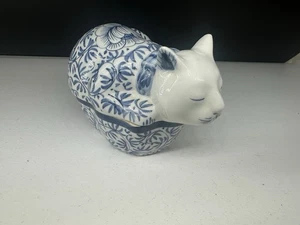 Vintage Gump Chinoiserie Porzellan blau & weiß schlafende Katze Schmuckschatulle Thailand - Bild 1 von 11