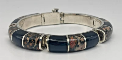 Taxco 950 Sterling Silver Ocean Jasper and Onyx Panel Inlay Bracelet 66g - Image 1 of 4